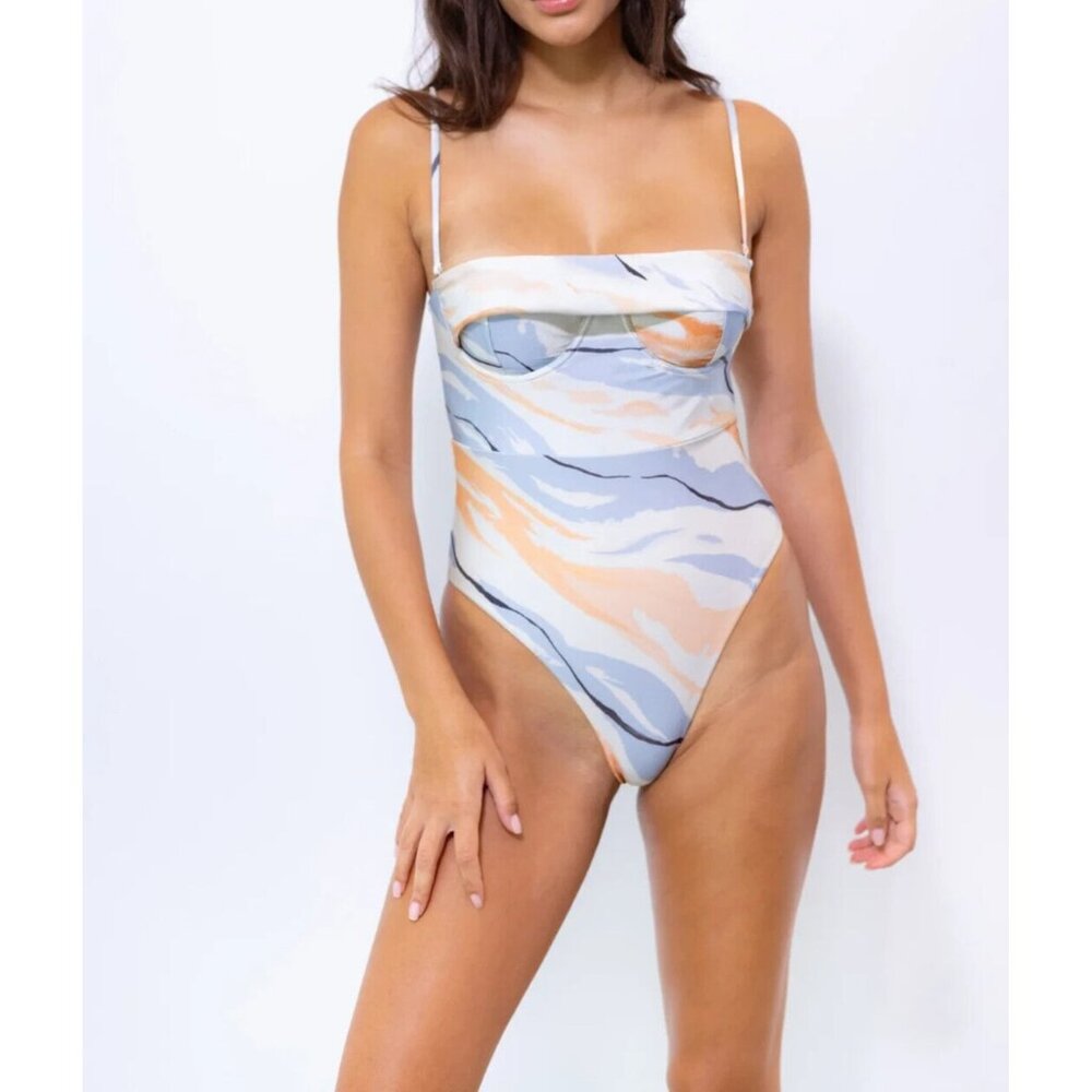 Revel Rey Ezra One Piece Swimsuit Ruffle Underwire Adjustable Straps Celestial M
